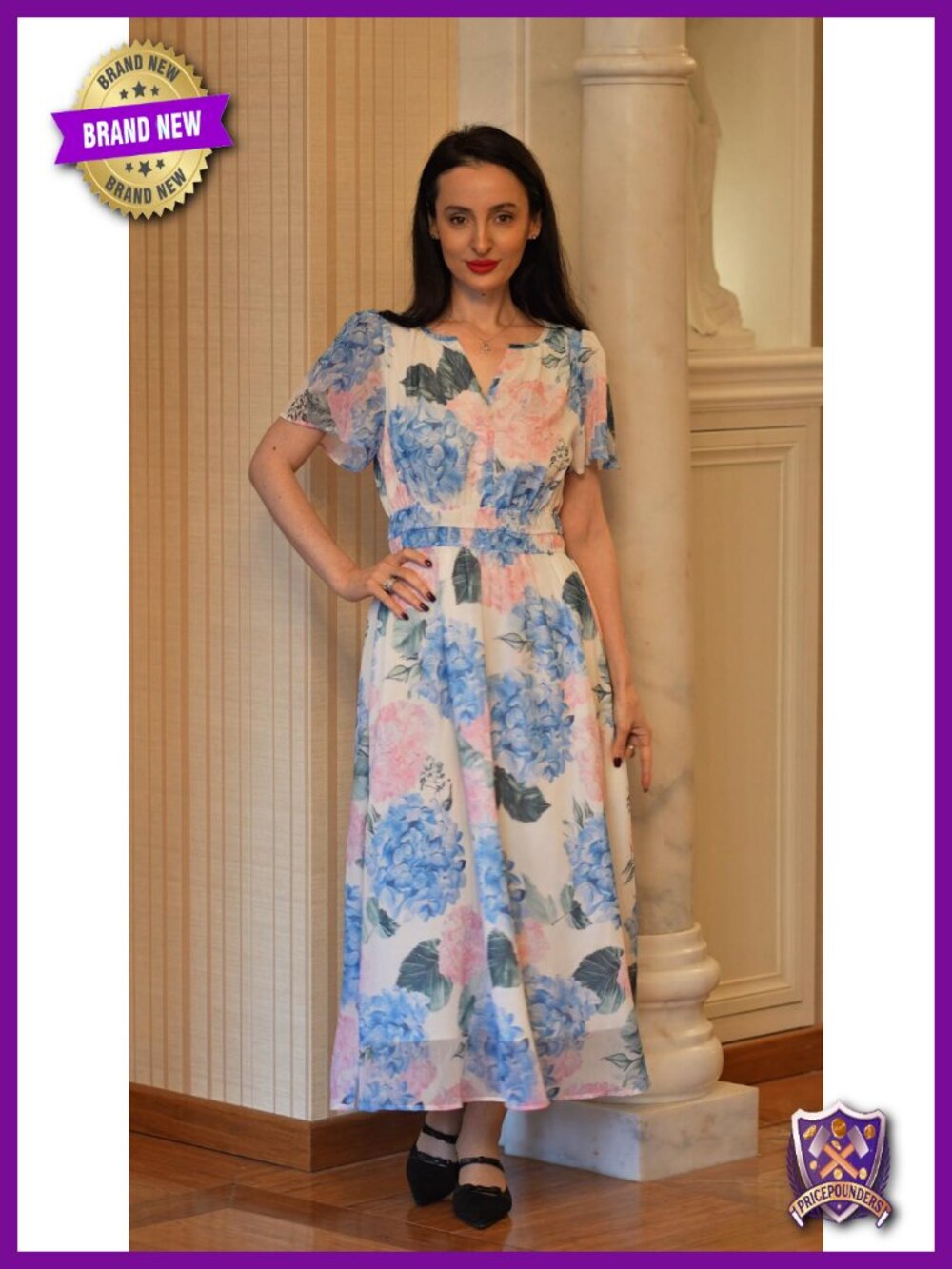 Women Floral Summer Maxi Dress Boho Flowy Casual Chiffon Short Sleeves V Neck - Picture 6 of 6